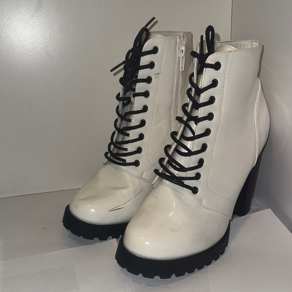 Forever 21 White Lace-Up Boots with Black Accents